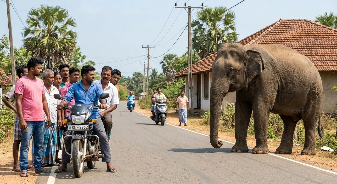 A wild elephant at the edge of a village farm